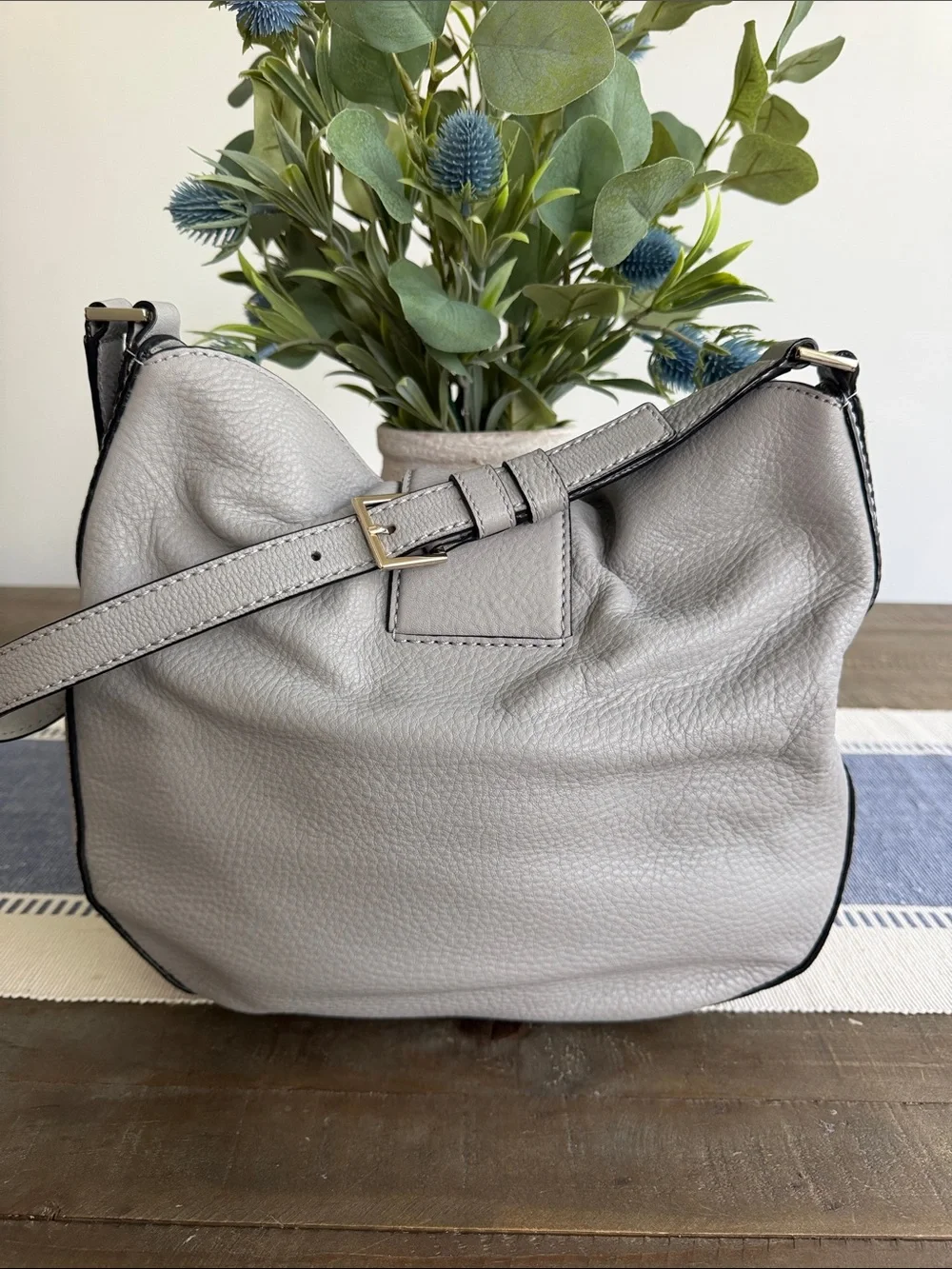 Kate Spade Light Gray Pebble Leather Shoulder Bag With Gold Buckle